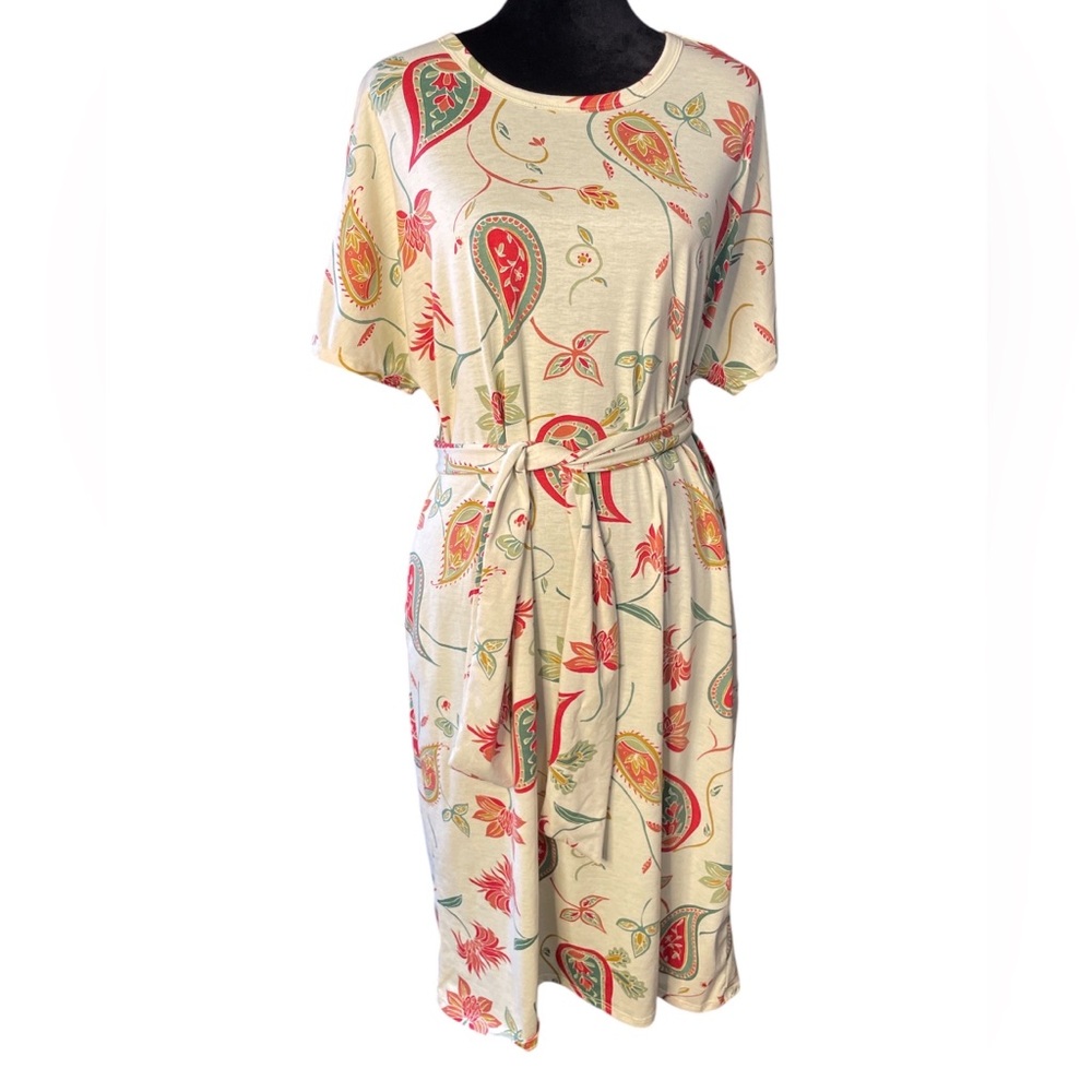 LulaRoe Pale Green W/ Red & Varied Green Floral Paisley Print Belted MIDI Dress